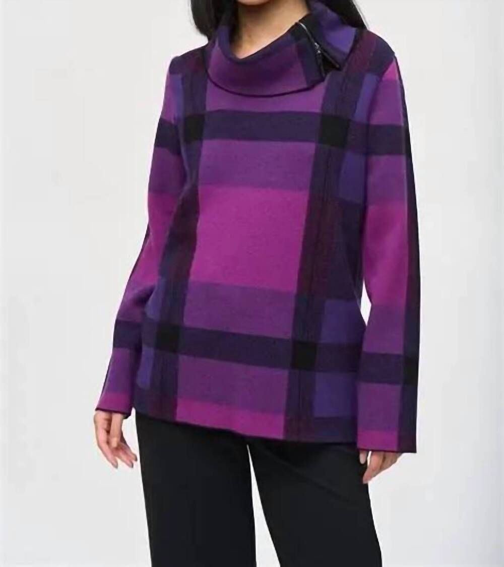 NEW JOSEPH RIBKOFF plaid jacquard cowl neck sweater in empress mystic black